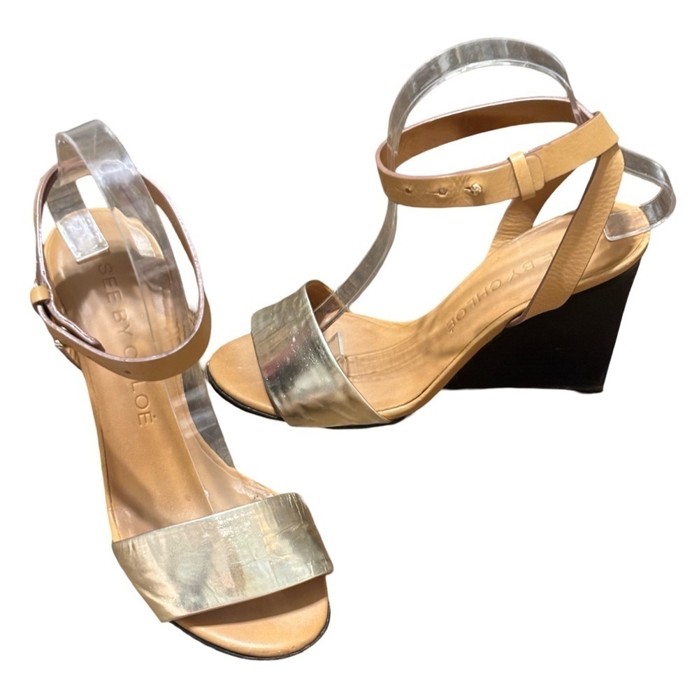 See by Chloe gold and tan wood wedge heel  6.5